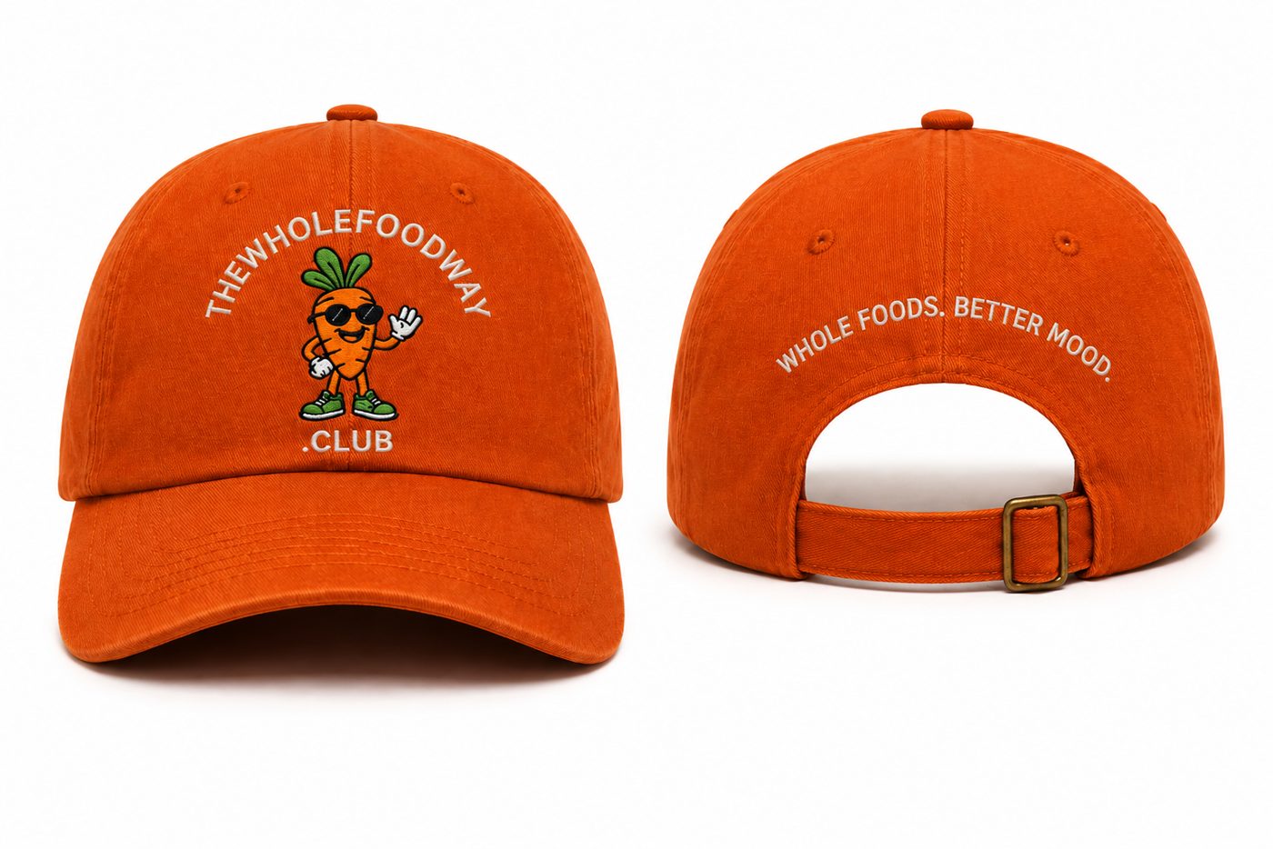 TheWholeFoodWay.Club cap — Carrot Orange with Chill Carrot embroidery